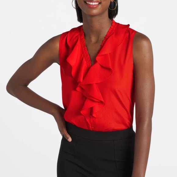 NWT, Karl Lagerfeld Paris, Sleeveless Ruffled Blouse, Red, Large - Picture 1 of 7
